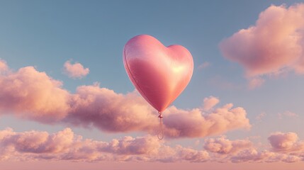 Fototapeta premium Pink Heart Balloon Floating in a Dreamy Sky with Soft Clouds, Symbolizing Love and Romance