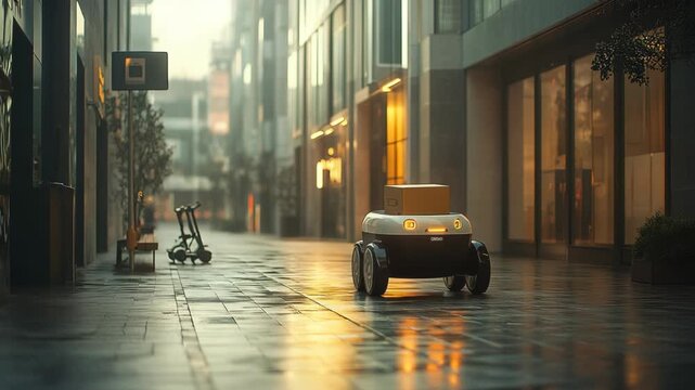 An autonomous delivery robot carrying a package moves along a quiet city street at sunrise, symbolizing innovation, logistics, technology, and the future of smart urban transportation and automation.