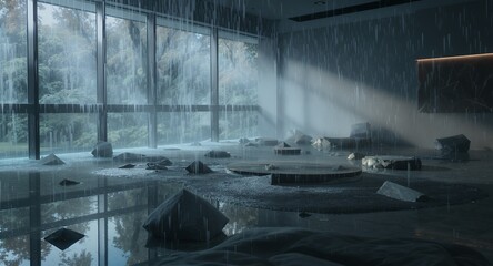 Interior Scene of Flooded Room During a Storm