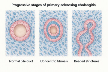Progressive stages of primary sclerosing cholangitis illustration showing normal bile duct, concentric fibrosis, and beaded strictures.