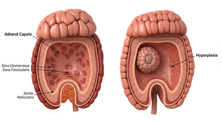 Adrenal Anatomy: Normal, Tumor, and Hyperplasia Cross-Section in 3D