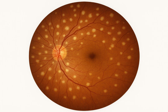 Close-up of the human retina showing multiple drusen deposits and optic disc