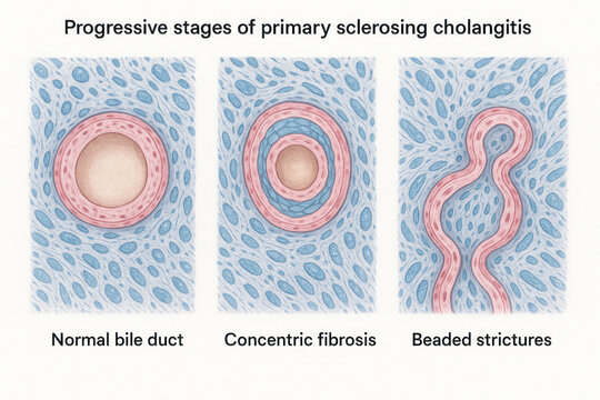 Progressive stages of primary sclerosing cholangitis illustration showing normal bile duct, concentric fibrosis, and beaded strictures.
