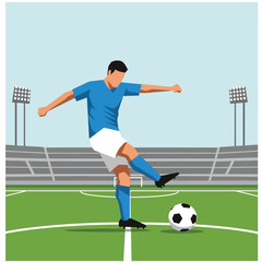 Obraz premium Vector Illustration of Soccer Player Kicking Ball in Modern Sports Style with Bright Blue and White Colors