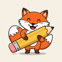 Joyful cartoon fox holding a big yellow pencil, smiling with closed eyes on a beige background.