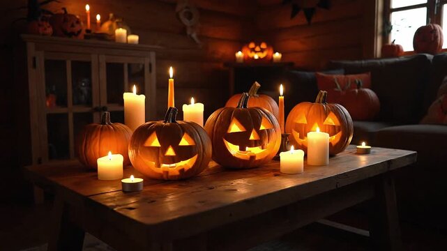 Casa campestre de madera, con una mesa de centro rústica lista para halloween