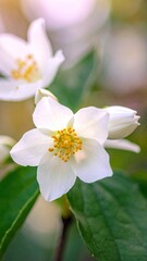 Fototapeta premium Close Up of Blooming White Jasmine Flowers with Yellow Centers and Green Leaves in Soft Focus Gentle Lighting