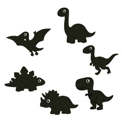 Set of cute dinosaur silhouettes illustration. Collection includes T-Rex, Brontosaurus, Pterodactyl, Stegosaurus, Triceratops, and Velociraptor. Fun prehistoric animal design for kids