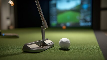 A close-up of a golf putter and ball on a green surface, with a digital screen displaying a virtual golf course in the background.