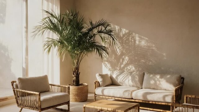 Sunlit interior space featuring natural materials and soft furnishings, showcasing a large potted plant, wicker furniture, a sofa, and a coffee table, alongside a sun-drenched wall, creating a...