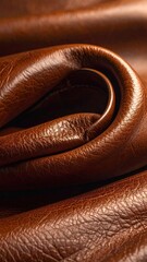 Close Up of Curled Brown Leather Material Texture Showing Fine Grain and Detailed Surface in Warm Lighting Highlighting Rich Color