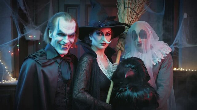 Una familia posando con expresiones teatrales durante una fiesta de Halloween
