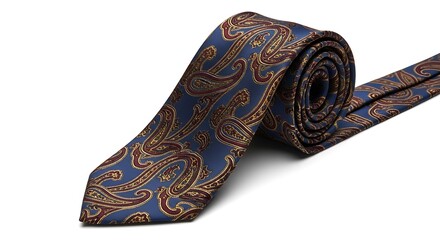 Elegant Paisley Patterned Silk Tie on White Background.