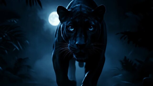 A black panther prowls under the bright moonlight within a dense jungle, with an intense gaze. Nighttime scenery adds a moody atmosphere to the scene.