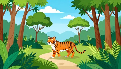 A tiger walks a path in a lush green jungle with a sunny sky and distant mountains