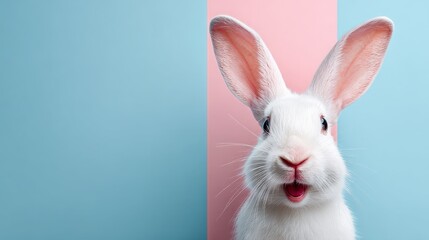 Obraz premium A cheerful white rabbit with large ears stands against a pastel blue and pink background, looking directly at the viewer with an expressive face.