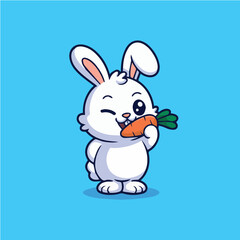 Obraz premium vector concept for cute cartoon rabbit eating a carrot on blue background with happy expression and winking eye
