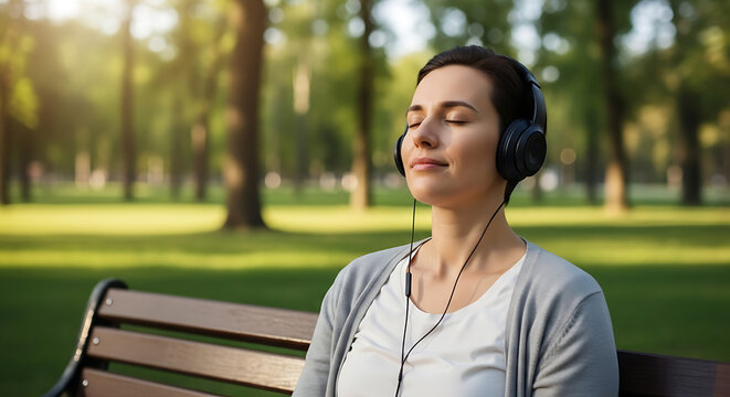 Woman with headphones sitting on a park bench enjoying the sunlight and listening to music peacefully