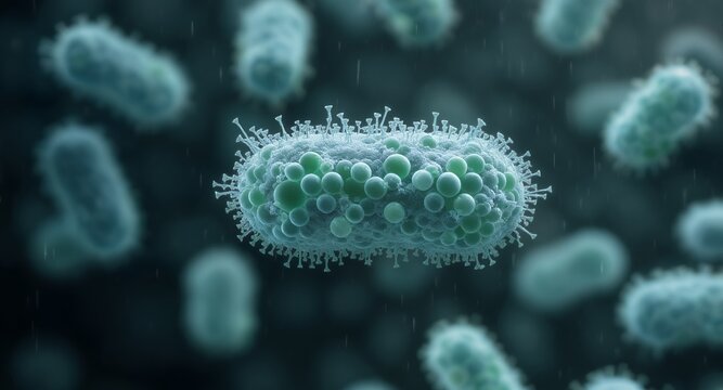 Microscopic view of a virus with spikes in a watery environment - Powered by Adobe