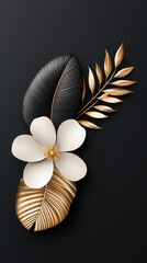 White flower gold leaf black leaf botanical elegant decorative modern luxury floral minimal White flower with gold and black leaves elegant botanical arrangement dark background modern luxury