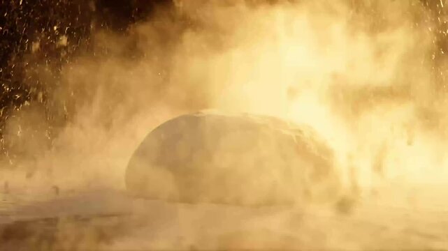 dough ball falling on floured surface creating dust cloud