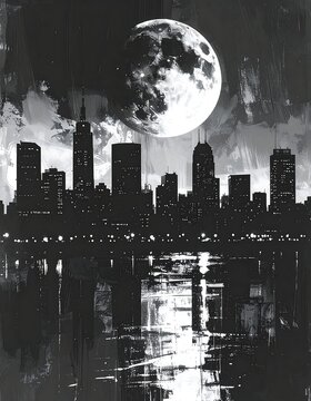 Fototapeta Monochromatic cityscape reflected in water under a large full moon