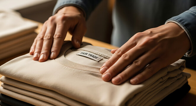 Hands folding fair trade shirts on a wooden surface with a denim jacket in the background light - Powered by Adobe
