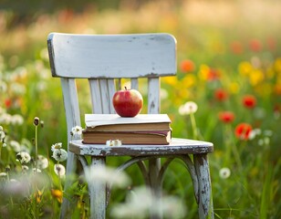 A weathered chair sits in a vibrant flower field, holding a stack of books and a red apple