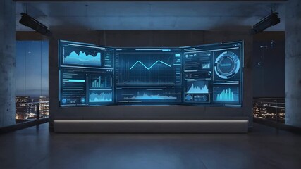 Futuristic Data Visualization Display in Modern Conference Room Environment. - Powered by Adobe