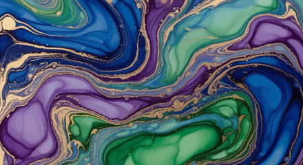 Obraz premium Abstract Fluid Swirl – Rich Blue, Green, Purple, and Gold Marbling with Dynamic Flow