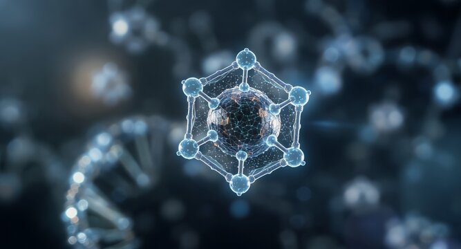 Molecular Structure with connected spheres and an intricate net inside a sphere