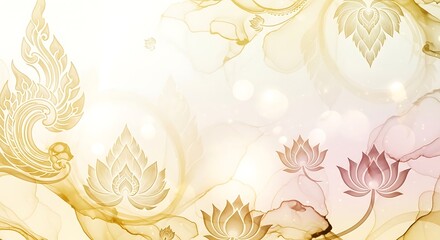 Elegant Thai traditional art background with golden lotus flowers and ornate patterns.