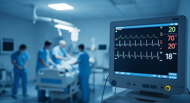 Medical monitor displaying vital signs during a surgical operation in a hospital operating room with blurred medical staff.