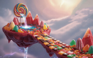 Floating candy island with lollipop waterfall and chocolate path