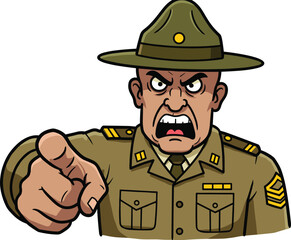 Angry military officer shouting and pointing finger, strict army sergeant cartoon illustration, aggressive commander authority symbol, discipline enforcement training vector artwork