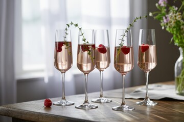 Four tall drinks flutes filled with pink bubbly drink and raspberries with herb sprigs on a wooden table