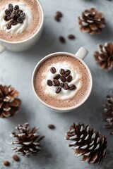 Two mugs of rich, creamy hot chocolate, topped with whipped cream and sprinkled with coffee beans, sit on a light gray surface adorned with decorative pine cones.