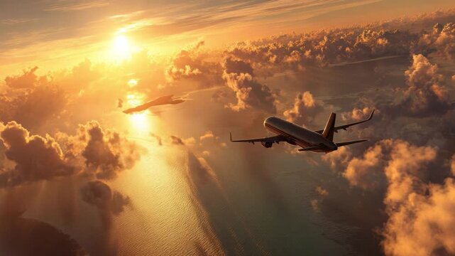 Airborne Symphony: Aircraft dance amidst a canvas of fluffy clouds, painted by the golden brushstrokes of a sunset, creating a mesmerizing airborne spectacle. 