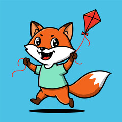 Cheerful cartoon fox in a green shirt running with a red kite on a light blue background.