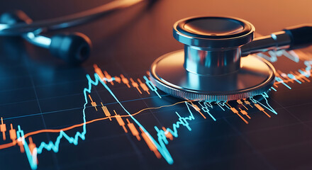 Stethoscope on financial graph showing healthcare market trends and economic indicators.