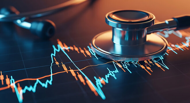 Stethoscope on financial graph showing healthcare market trends and economic indicators. - Powered by Adobe