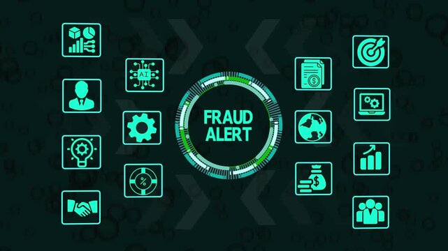Fraud alert warning concept with digital security, cyber protection, risk detection, and financial threat monitoring.