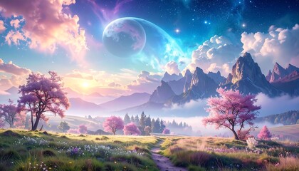 An otherworldly scene featuring vibrant skies, rolling hills, and flowering trees with a distant planet