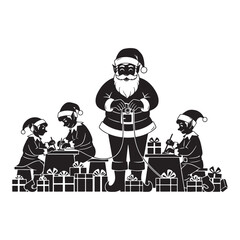 Santa Claus with Elves Making Toys Silhouette Vector Illustration