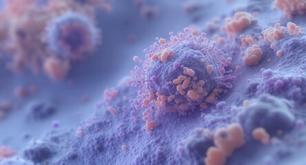 Microscopic depiction of a virus structure, close-up, rendering of viral particles, medical background