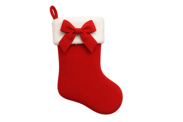 Hanging christmas stocking with red bow and white cuff, festive holiday decoration for gifts and celebration