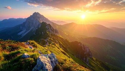 A majestic mountain range is bathed in the warm glow of a sunrise, creating a breathtaking landscape with vibrant colors