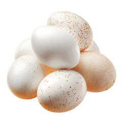 White and speckled eggs piled together brown oval
