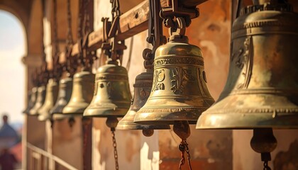 Fototapeta premium Antique bells hanging on a wall