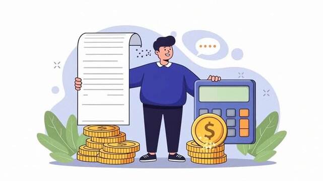 Man calculates tax with calculator and money in cartoon style for financial planning